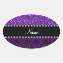 Personalized name purple glitter damask sticker