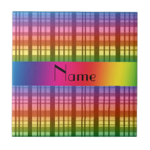 Personalized name rainbow plaid pattern tile