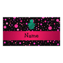 Personalized name sea turtle black pink polka dots photo greeting card