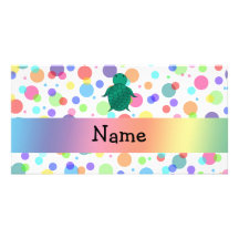 Personalized name sea turtle rainbow polka dots photo cards