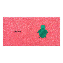 Personalized name seat turtle pink glitter photo card