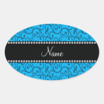 Personalized name sky blue swirls oval stickers