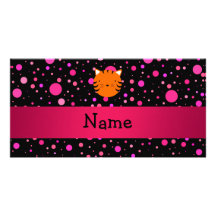 Personalized name tiger face black pink polka dots photo card template