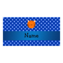 Personalized name tiger face blue polka dots picture card