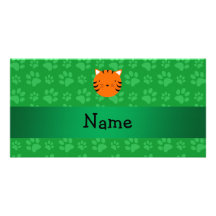 Personalized name tiger face green paw pattern personalized photo card