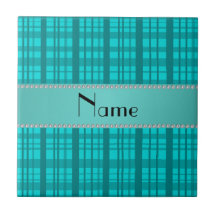 Personalized name turquoise plaid pattern ceramic tiles