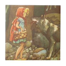 Petit capuchon rouge vintage et loup dans la forêt carreau