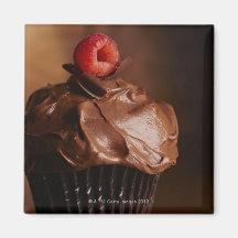 Petit gâteau de chocolat avec un écrimage de framb aimants pour réfrigérateur