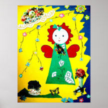 petit jaune drôle d'affiche d'ange bleu et vert