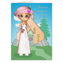 petite fille et église de première sainte communio carte de vœux