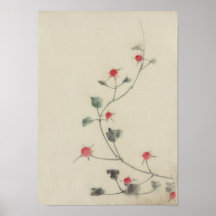 petites fleurs rouges de 葛飾北斎 sur une vigne, Hokus Posters