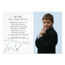 Photo bleue de communion de chapelet invitation personnalisée