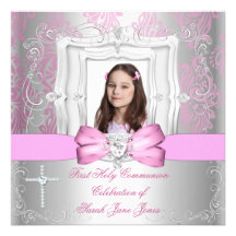 Photo rose argentée de première sainte communion d invitations