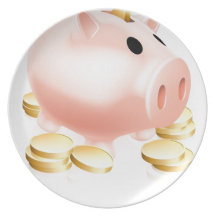 Pièces d'or de tirelire et assiette