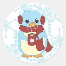 Pingouin avec du cacao chaud autocollant rond
