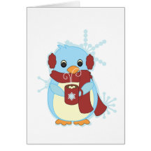 Pingouin avec du cacao chaud carte de vœux