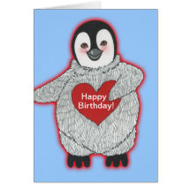 Pingouin avec le joyeux anniversaire de coeur cartes de vœux