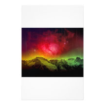 Pink Blossom Aurora Borealis Over A Rocky Mountain Stationery Design