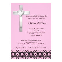 Pink Elegant Lace Baptism/Christening Cross Invite