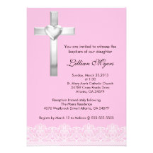 Pink Elegant Lace Baptism/Christening Cross Invite