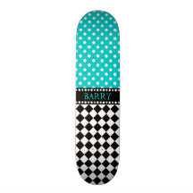 Planche à roulettes bleue de damier de point