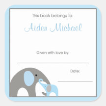 Plat de livre bleu et gris de baby shower d'élépha autocollants carrés