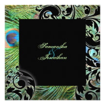 Plumes vertes turquoises de paon de faire-part de 