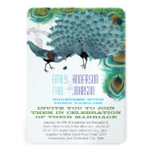 Plumes vintages de paon avec des inséparables de p cartons d'invitation