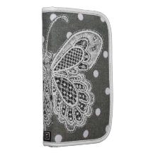 Pois gris vintage avec le papillon de dentelle agenda folio