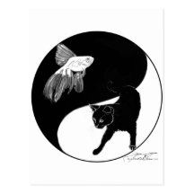 Poissons de YinYang et chat - carte postale noire 