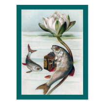 Poissons jouant l'accordéon et le nénuphar carte postale