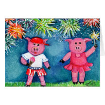 Porcs avec des feux d'artifice carte de vœux