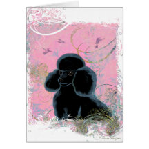 Portrait noir de caniche avec des colibris carte