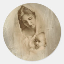 Portrait vintage, mère affectueuse tenant l'enfant autocollant rond