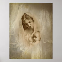 Portrait vintage, mère affectueuse tenant l'enfant affiches