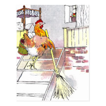 Poule avec des escaliers de support de balai à la  carte postale