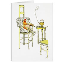 Poule fatiguée ayant une tasse de thé cartes de vœux