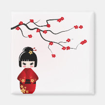 Poupée de Kokeshi sous la branche de Sakura Magnets Pour Réfrigérateur