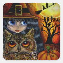 Poupée de sorcière de hibou de Kawaii Halloween av Autocollants Carrés
