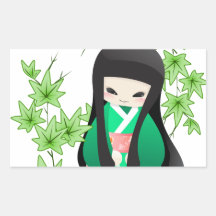 Poupée japonaise de geisha - série verte sticker en rectangle