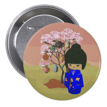 Poupée mignonne de kokeshi avec l'arbre de fleurs  badge avec épingle