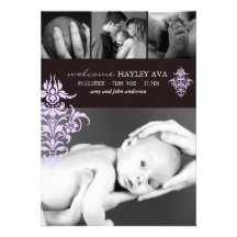 Pourpre et faire-part de naissance de damassé de B
