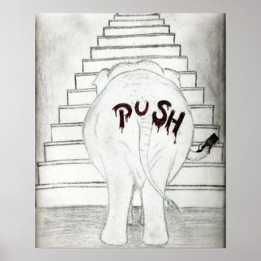 Poussée d'un éléphant vers le haut des escaliers affiche