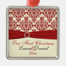 Premier ornement de Noël de damassé crème et rouge