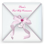 Première communion de coeur de croix de rose rose  cartons d'invitation personnalisés