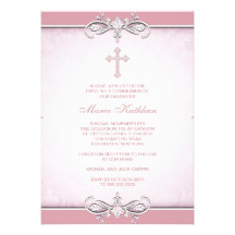 Première communion de croix rose de damassé invitations