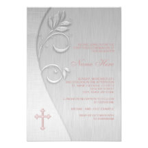 Première communion de croix rose et grise invitation