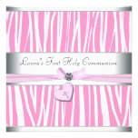 Première communion de zèbre de coeur de croix rose cartons d'invitation