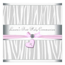 Première communion de zèbre de coeur de croix rose faire-parts