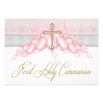 Première communion d'or de croix de rose gris rose invitations